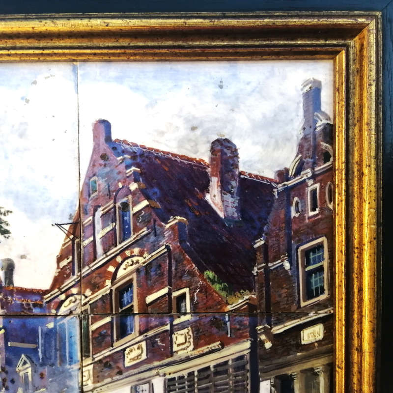 Framed Delft Polychrome Pottery c18`s Tiles Scene of Utrecht Jan Mynhef