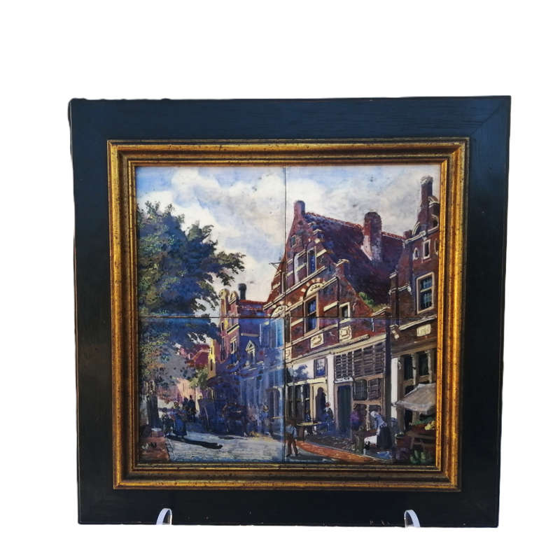 Framed Delft Polychrome Pottery c18`s Tiles Scene of Utrecht Jan Mynhef