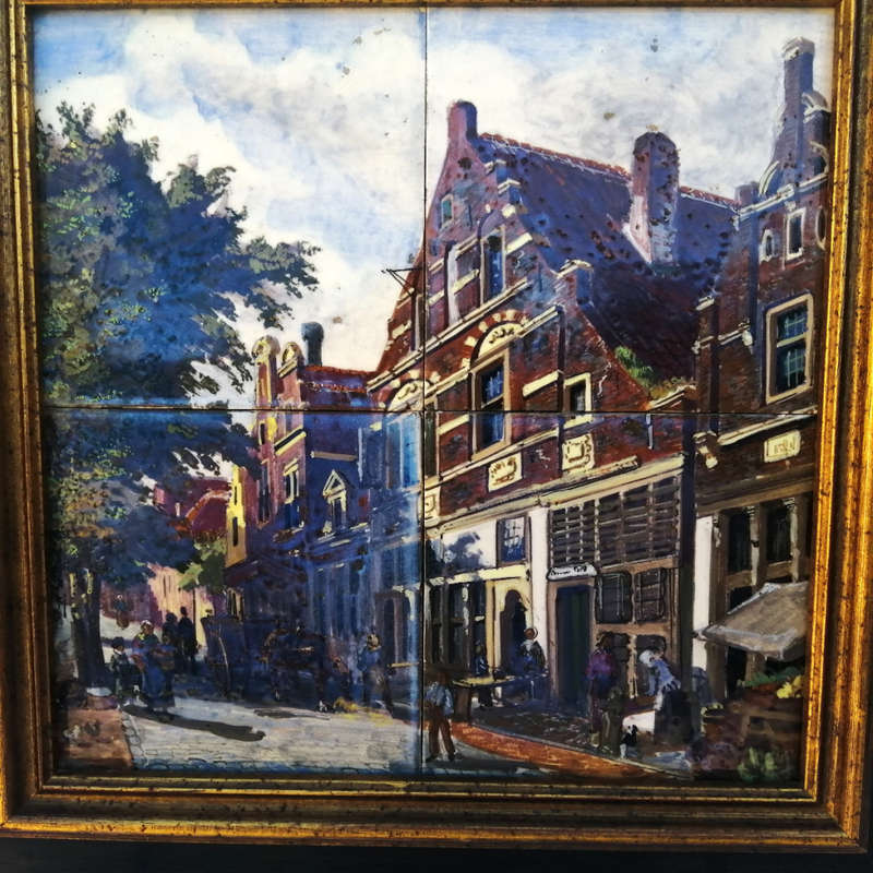 Framed Delft Polychrome Pottery c18`s Tiles Scene of Utrecht Jan Mynhef
