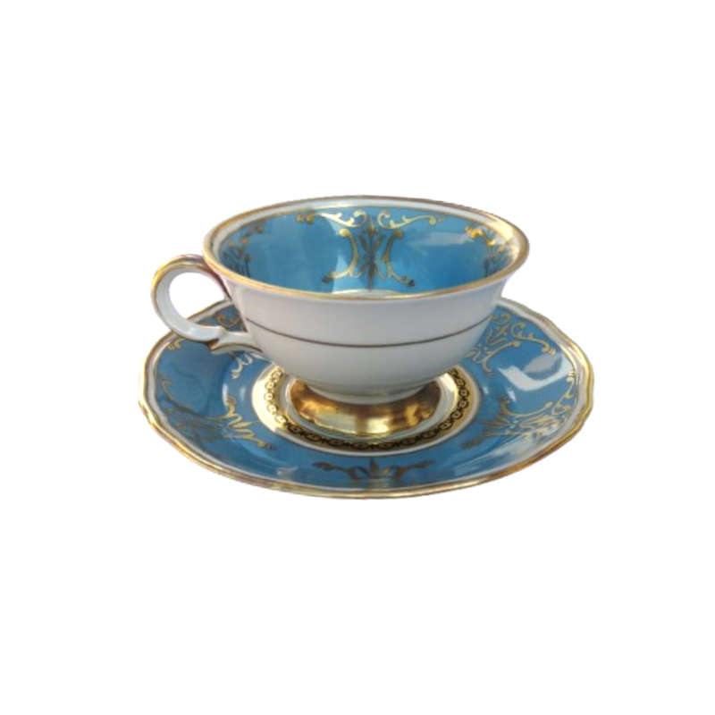 Scherzer Bavaria Porcelain Cup and Saucer Duo Turquoise Blue Gold decoration