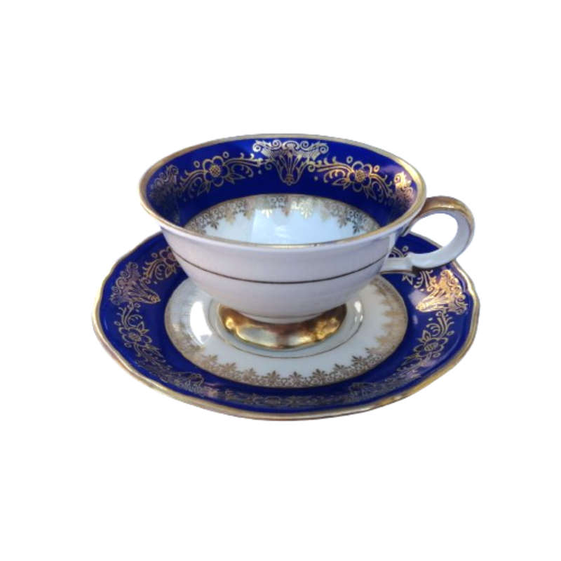 Scherzer Bavaria Porcelain Cup and Saucer Duo Navy Blue Gold decoration