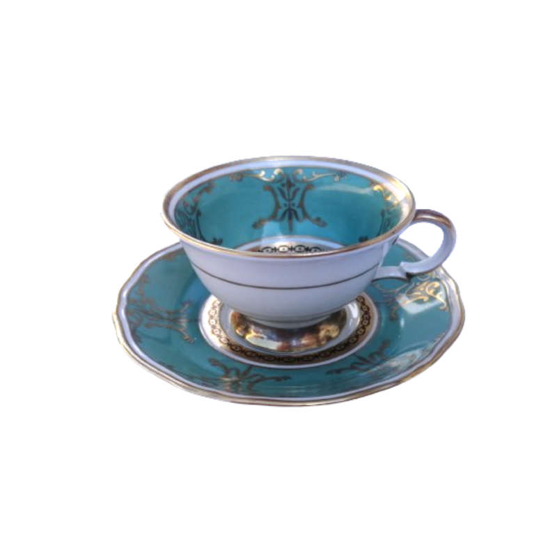 Scherzer Bavaria Porcelain Cup and Saucer Duo Jade Green Gold decoration