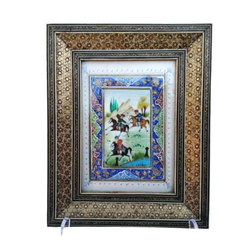 Persian miniature painting and mosaic inlay marquetry frame Polo scene framed