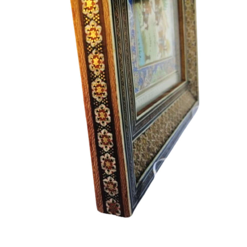 Persian miniature painting and mosaic inlay marquetry frame Polo scene framed