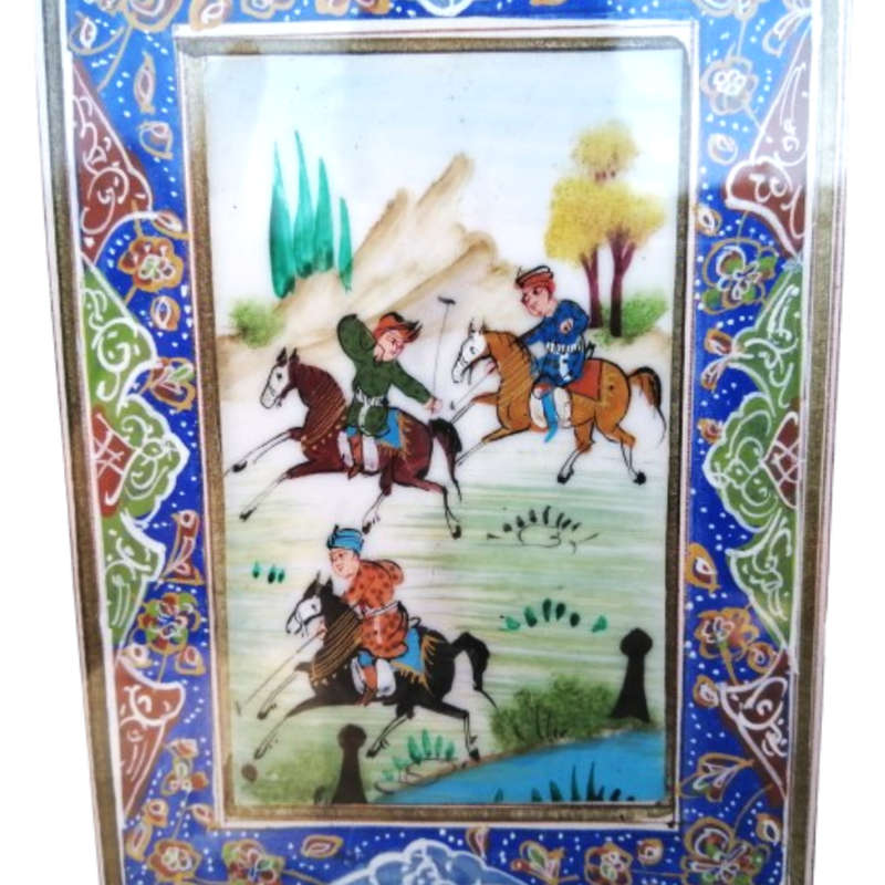 Persian miniature painting and mosaic inlay marquetry frame Polo scene framed