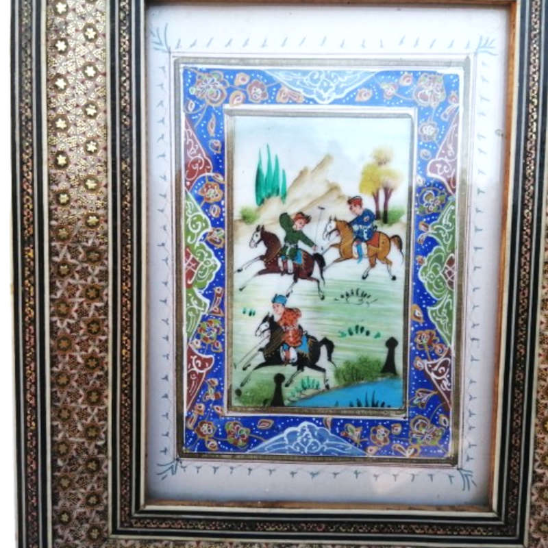 Persian miniature painting and mosaic inlay marquetry frame Polo scene framed