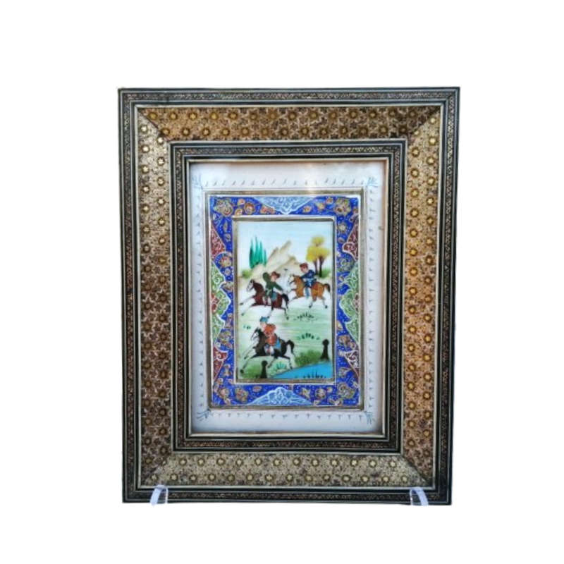Persian miniature painting and mosaic inlay marquetry frame Polo scene framed