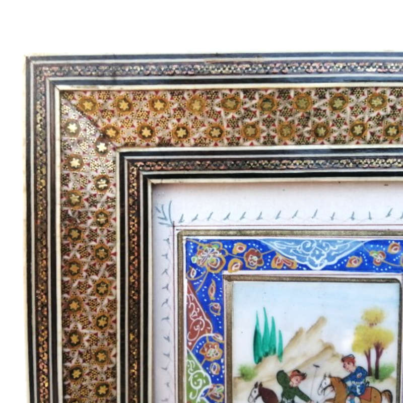 Persian miniature painting and mosaic inlay marquetry frame Polo scene framed