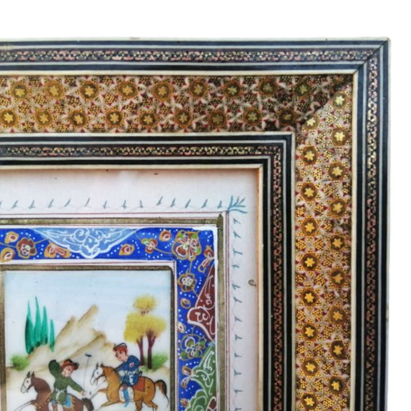 Persian miniature painting and mosaic inlay marquetry frame Polo scene framed