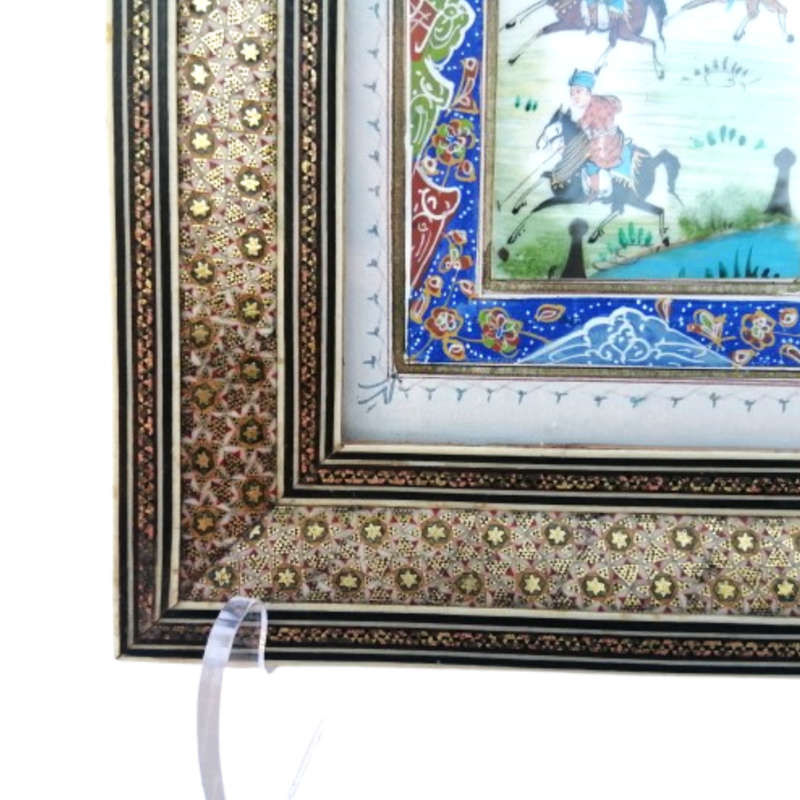 Persian miniature painting and mosaic inlay marquetry frame Polo scene framed