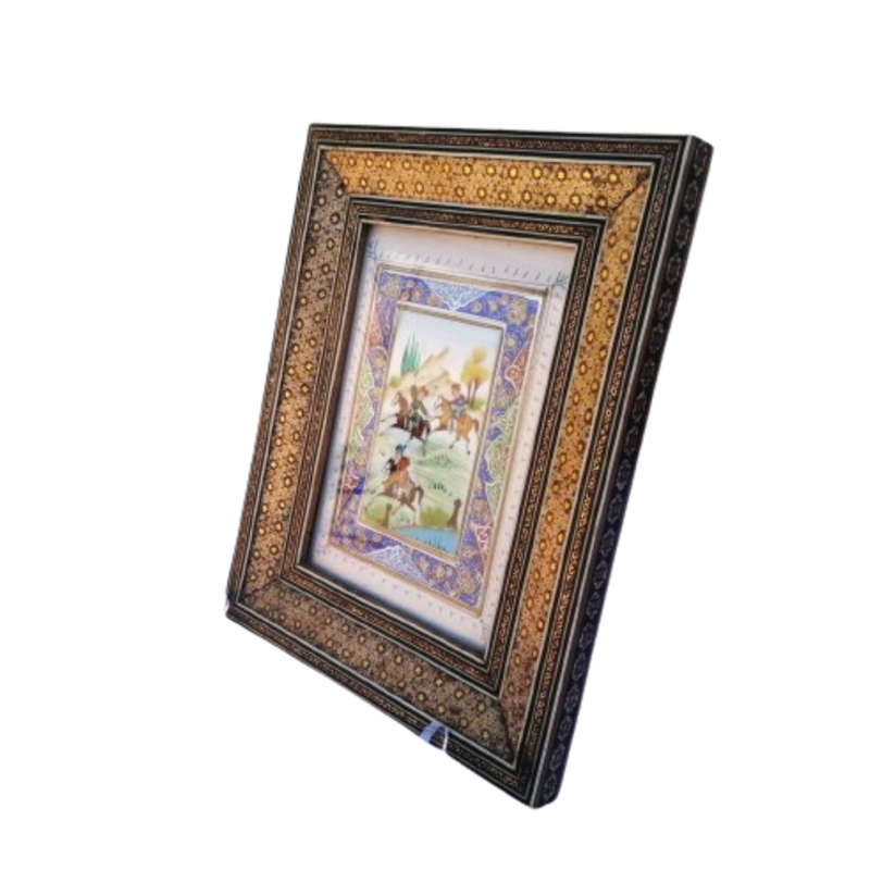 Persian miniature painting and mosaic inlay marquetry frame Polo scene framed