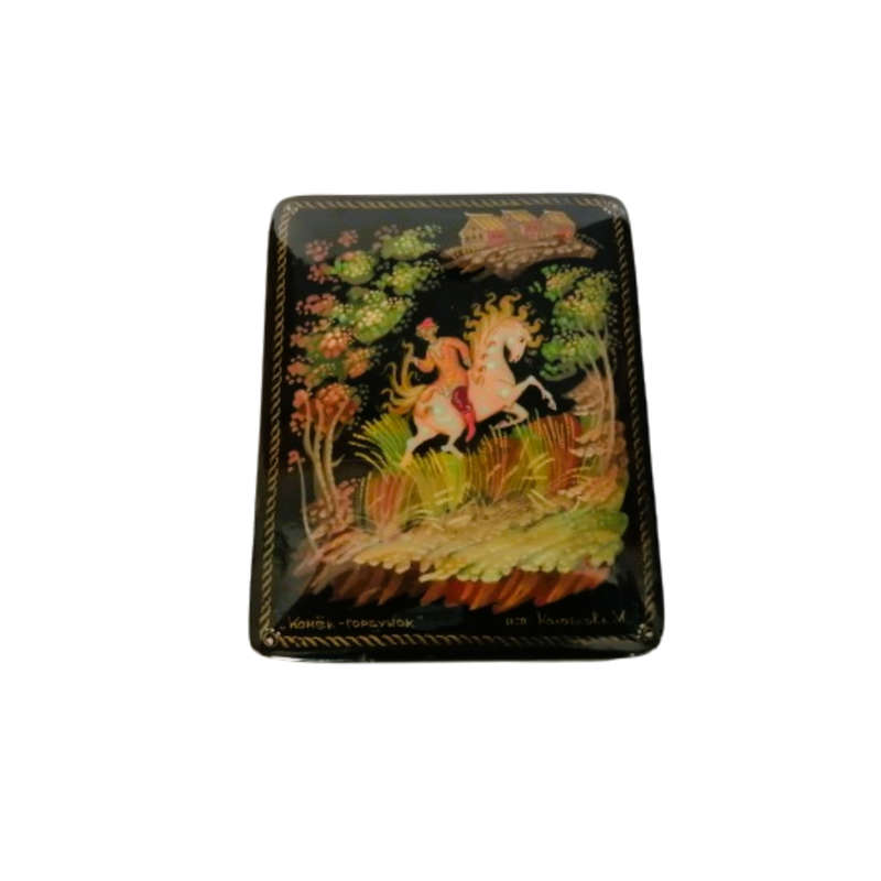 Russian Black lacquer Paper mache Trinket box Signed