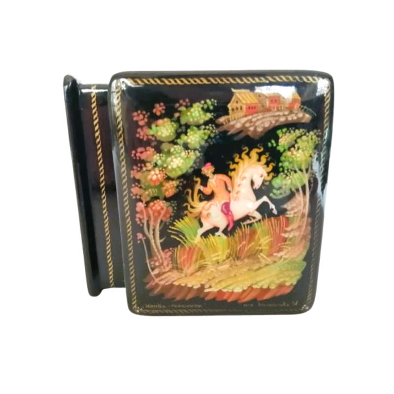 Russian Black lacquer Paper mache Trinket box Signed