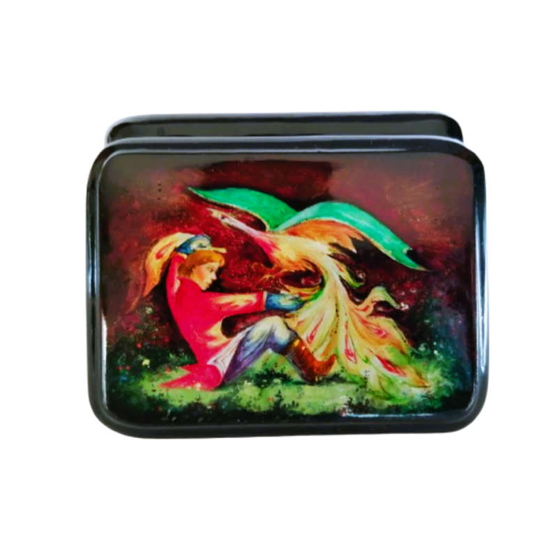 Russian Black lacquer Paper mache Firebird Trinket box