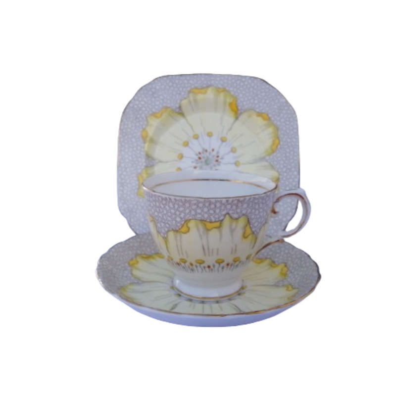 Tuscan England Bone China yellow Poppy Flowers with Red Raised Enamel hand painted trio