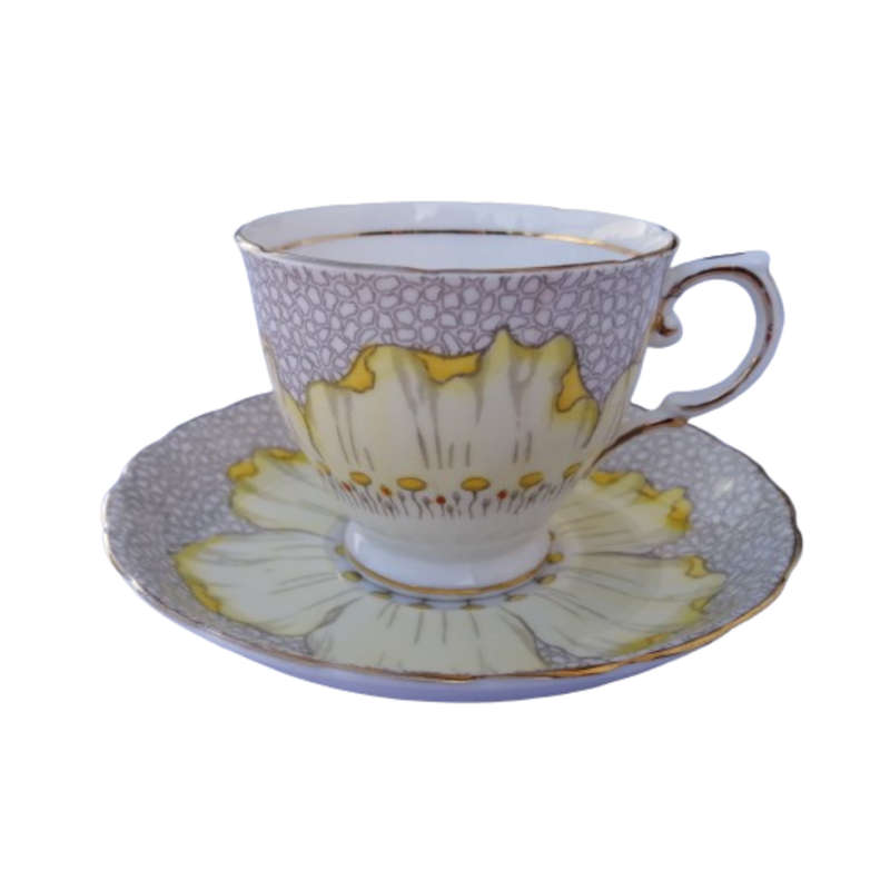 Tuscan England Bone China yellow Poppy Flowers with Red Raised Enamel hand painted trio