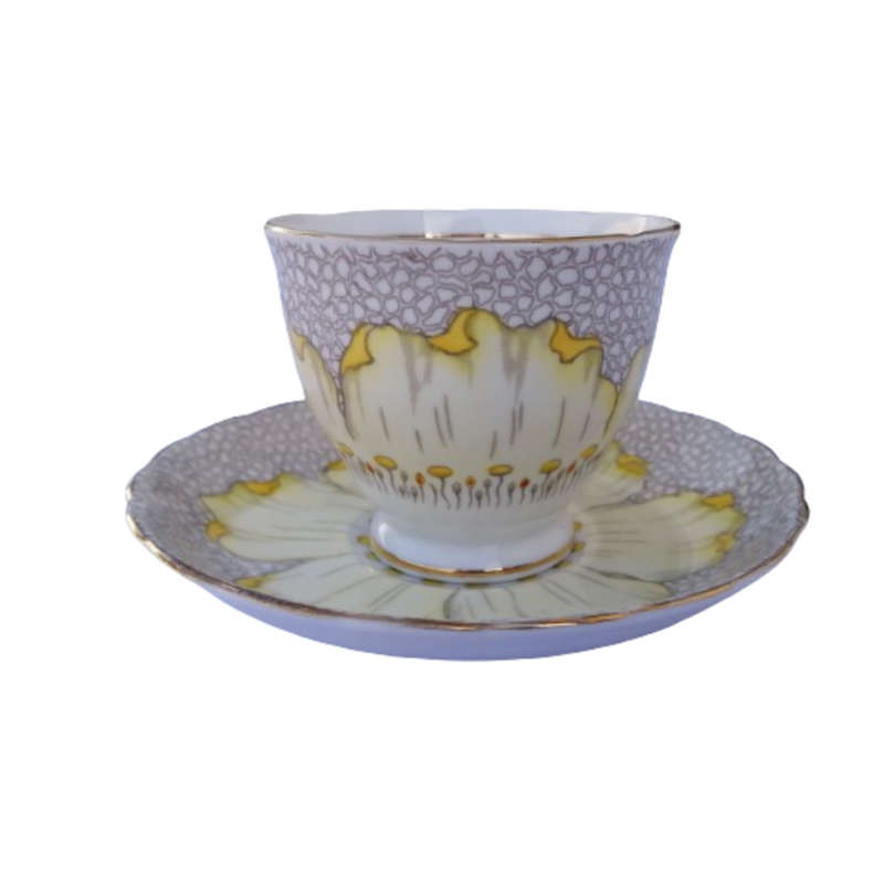 Tuscan England Bone China yellow Poppy Flowers with Red Raised Enamel hand painted trio