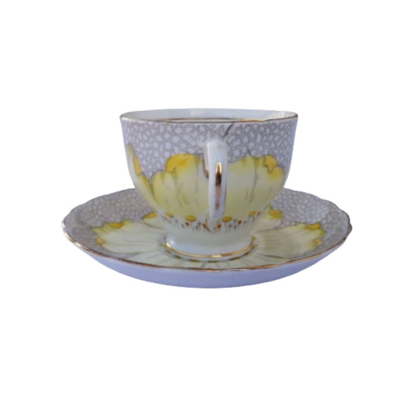 Tuscan England Bone China yellow Poppy Flowers with Red Raised Enamel hand painted trio