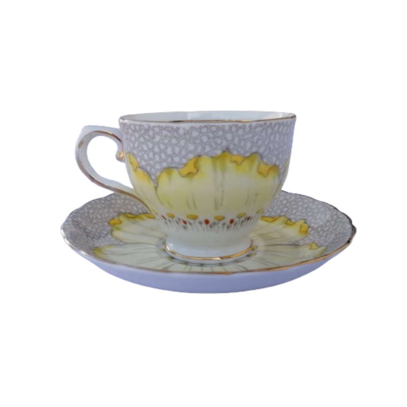 Tuscan England Bone China yellow Poppy Flowers with Red Raised Enamel hand painted trio
