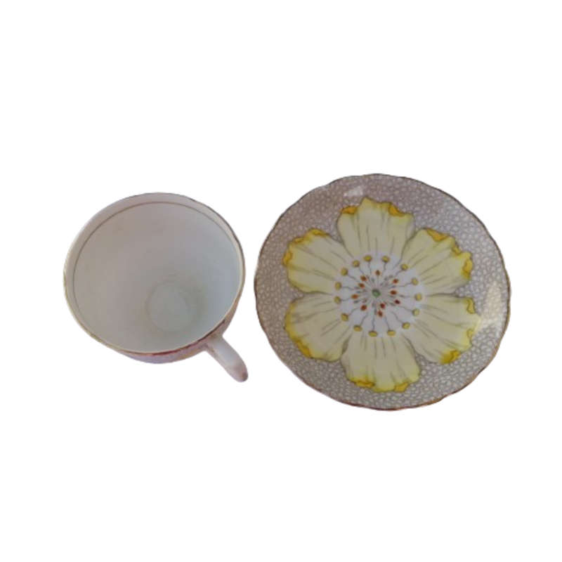 Tuscan England Bone China yellow Poppy Flowers with Red Raised Enamel hand painted trio