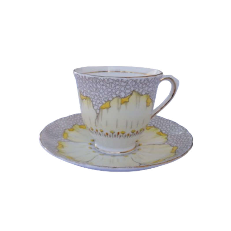 Tuscan England Bone China yellow Poppy Flowers with Red Raised Enamel hand painted Duo