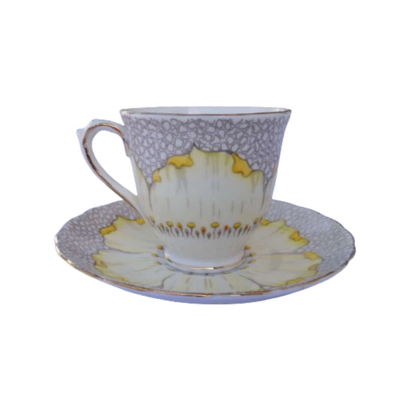 Tuscan England Bone China yellow Poppy Flowers with Red Raised Enamel hand painted Duo