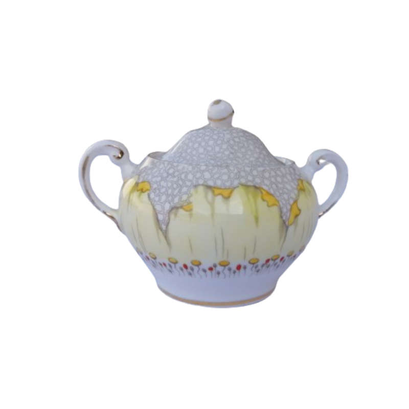 Tuscan England yellow Poppy Flowers with Red Raised Enamel Lidded Sugar Bowl