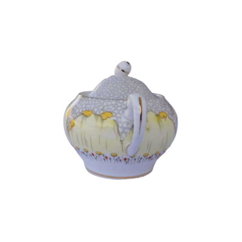 Tuscan England yellow Poppy Flowers with Red Raised Enamel Lidded Sugar Bowl