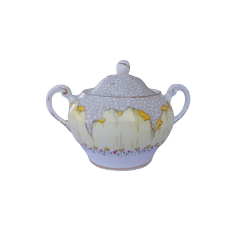 Tuscan England yellow Poppy Flowers with Red Raised Enamel Lidded Sugar Bowl