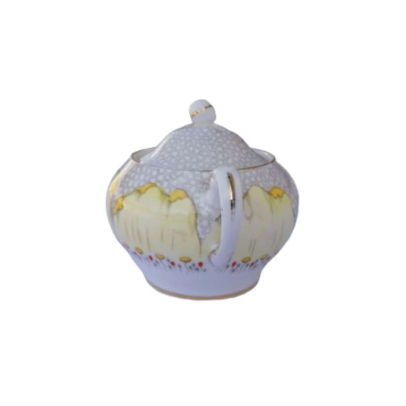 Tuscan England yellow Poppy Flowers with Red Raised Enamel Lidded Sugar Bowl