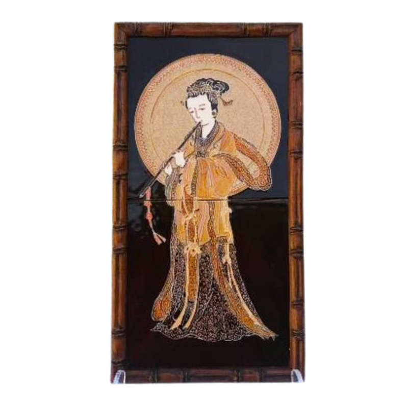 Framed Hand Painted Chinoiserie Majolica Ceramic Tile by Maw & Co