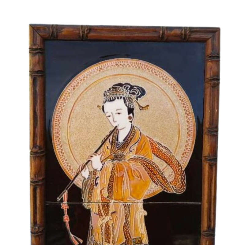 Framed Hand Painted Chinoiserie Majolica Ceramic Tile by Maw & Co