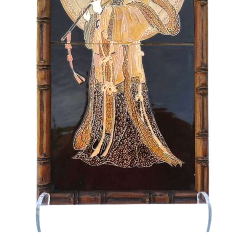 Framed Hand Painted Chinoiserie Majolica Ceramic Tile by Maw & Co