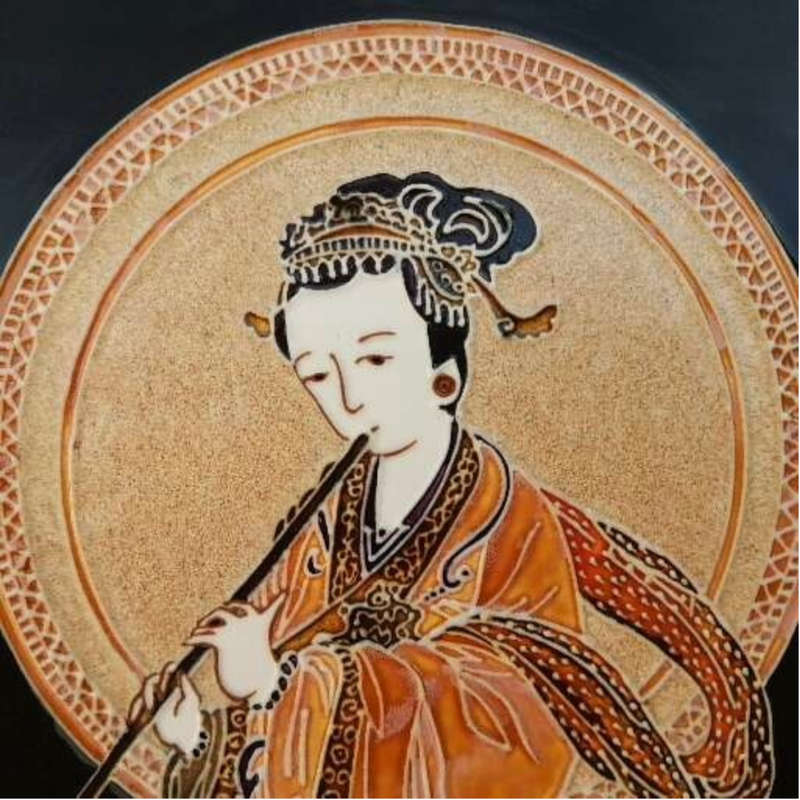 Framed Hand Painted Chinoiserie Majolica Ceramic Tile by Maw & Co
