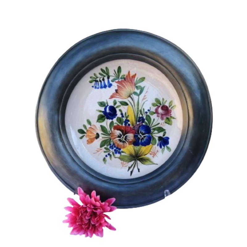 Vintage French Heavy Plate with Pewter Surround