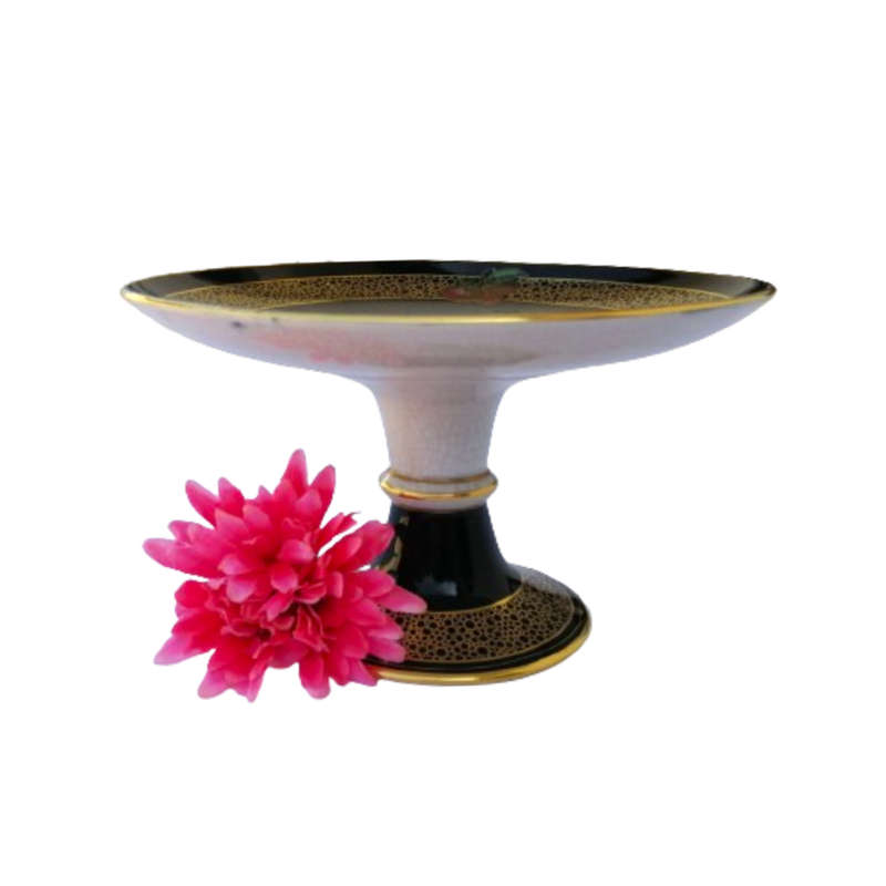 Solian Ware Soho Pottery Hand Painted Fruit Pattern Black with Gilt Edge Cake Stand