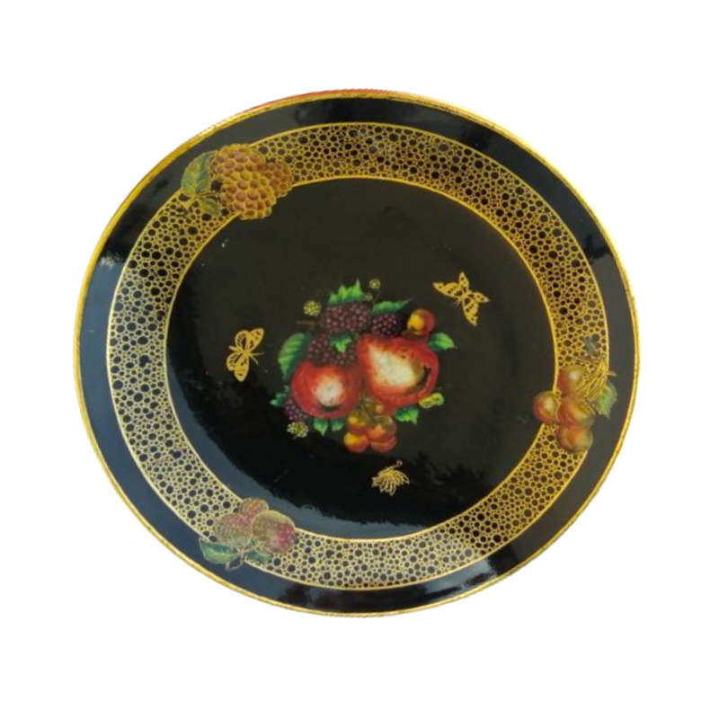 Solian Ware Soho Pottery Hand Painted Fruit Pattern Black with Gilt Edge Cake Stand