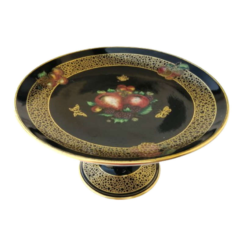 Solian Ware Soho Pottery Hand Painted Fruit Pattern Black with Gilt Edge Cake Stand