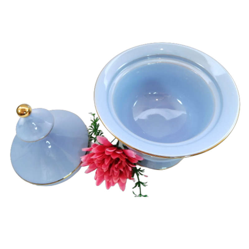 Italy Florentine Powder Blue Ceramic Compote Lidded Dish Greek Couple
