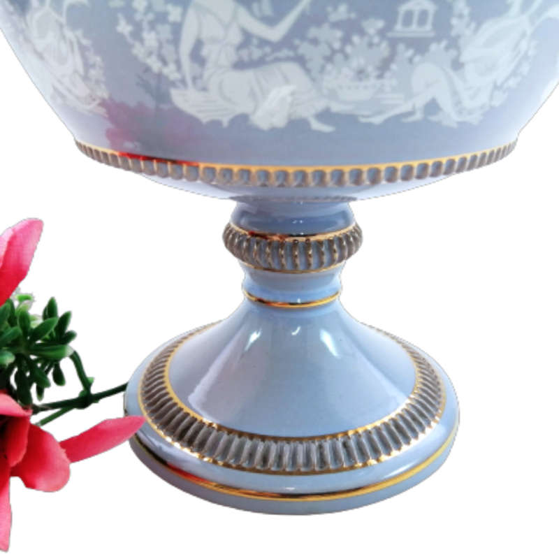 Italy Florentine Powder Blue Ceramic Compote Lidded Dish Greek Couple