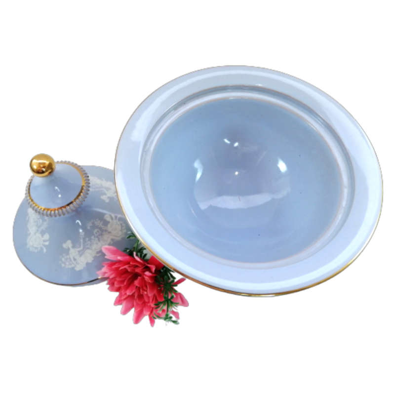 Italy Florentine Powder Blue Ceramic Compote Lidded Dish Greek Couple