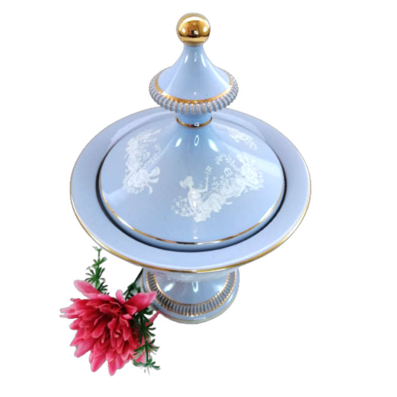 Italy Florentine Powder Blue Ceramic Compote Lidded Dish Greek Couple