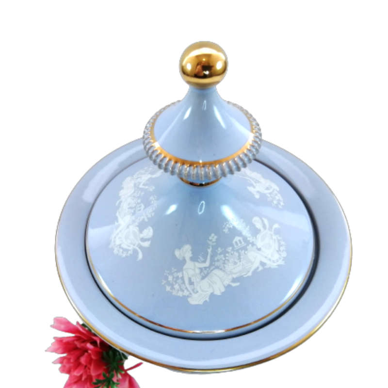 Italy Florentine Powder Blue Ceramic Compote Lidded Dish Greek Couple