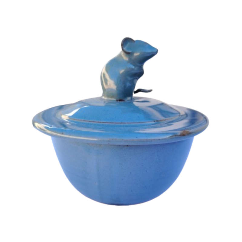 Blue pottery lidded dish with mouse on the top