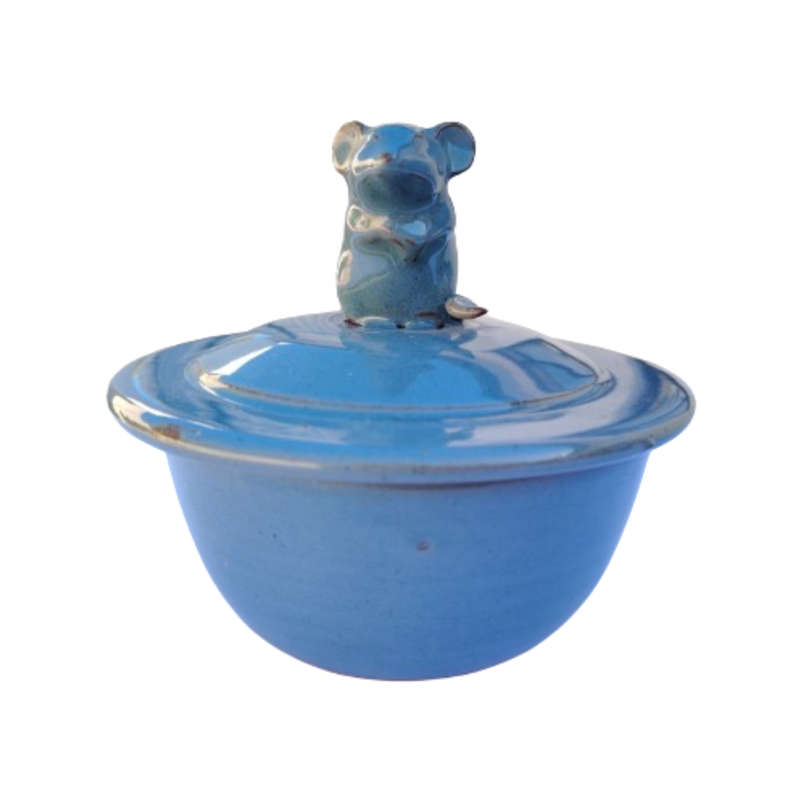 Blue pottery lidded dish with mouse on the top
