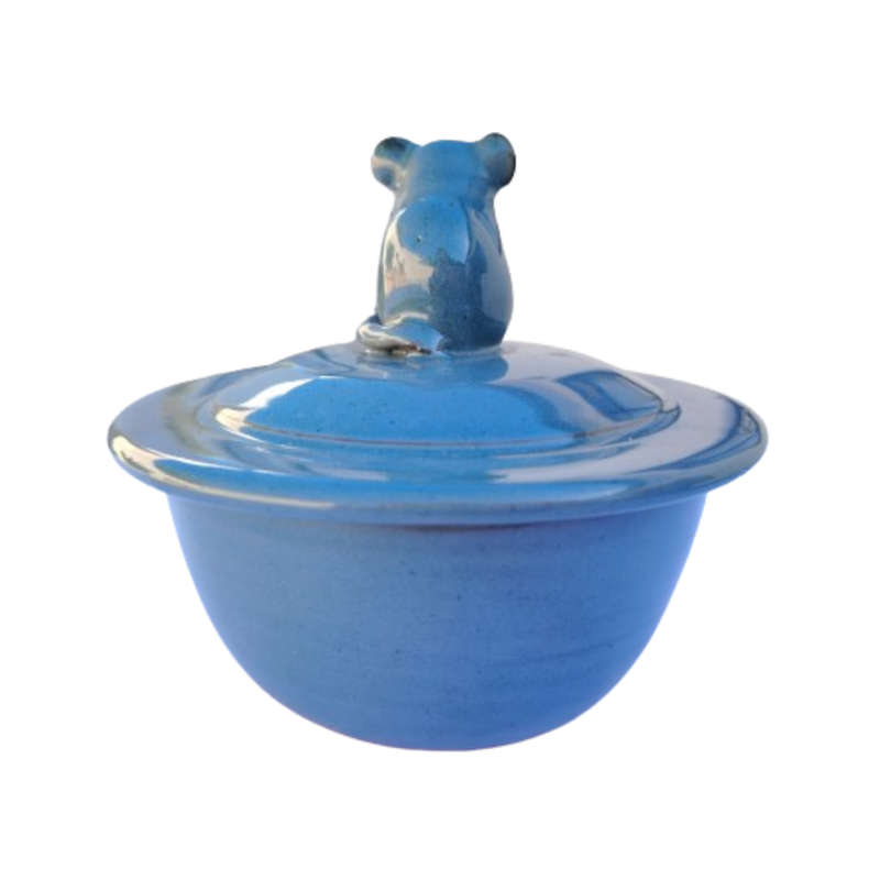 Blue pottery lidded dish with mouse on the top