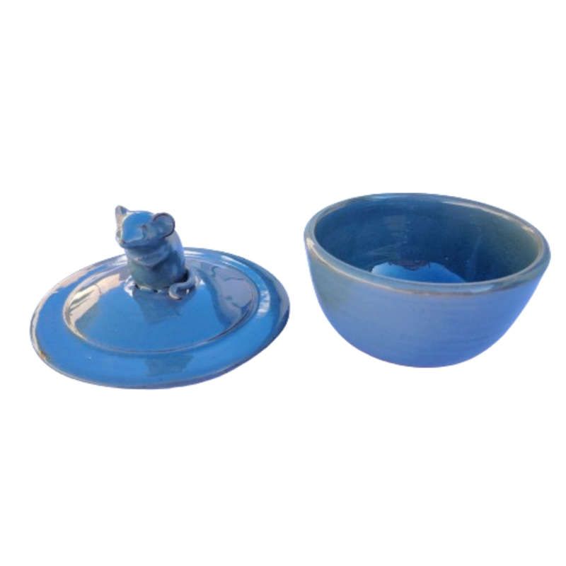 Blue pottery lidded dish with mouse on the top