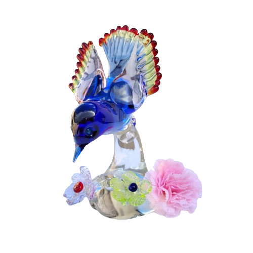 Fantastic Art Glass colorful Blue Bird on Flowers