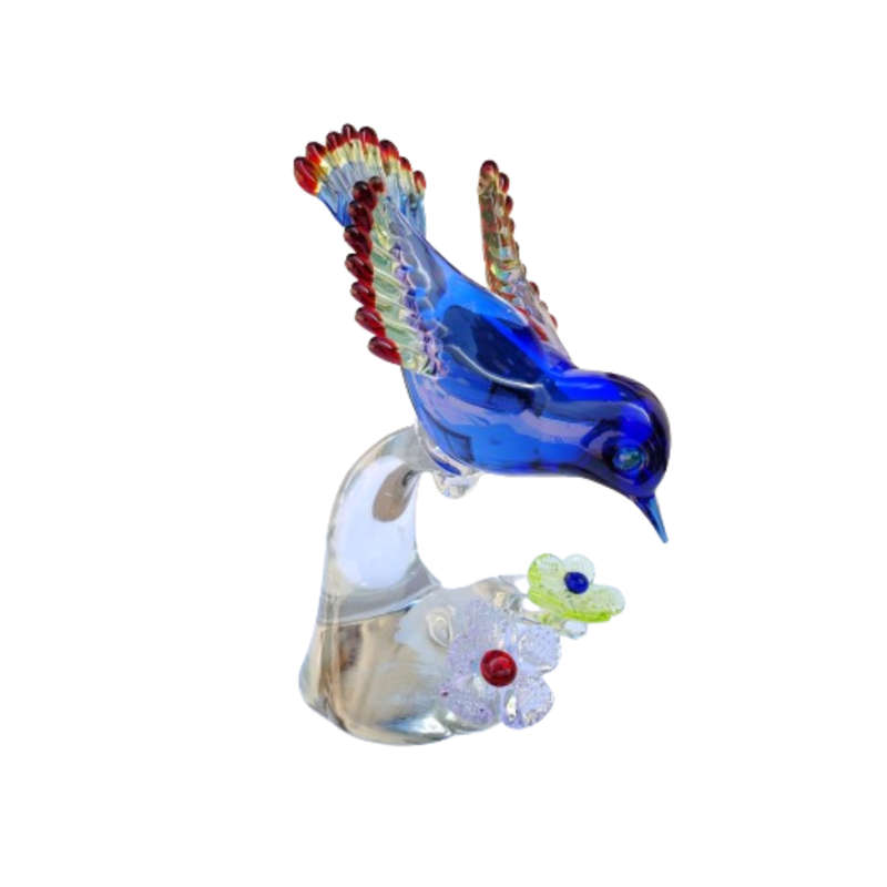 Fantastic Art Glass colorful Blue Bird on Flowers