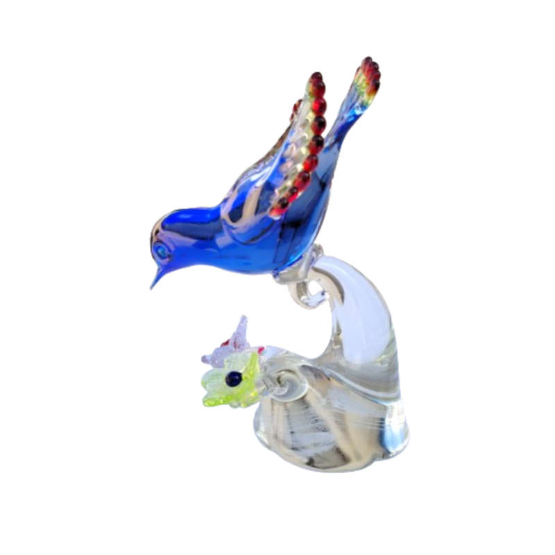 Fantastic Art Glass colorful Blue Bird on Flowers